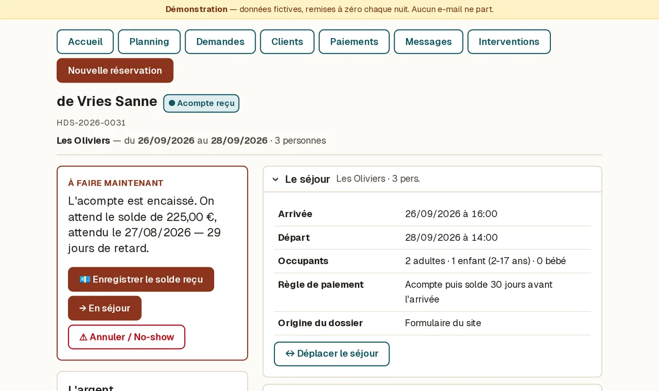 Un dossier avec un solde en retard : l'action à faire, le séjour, le client et l'argent